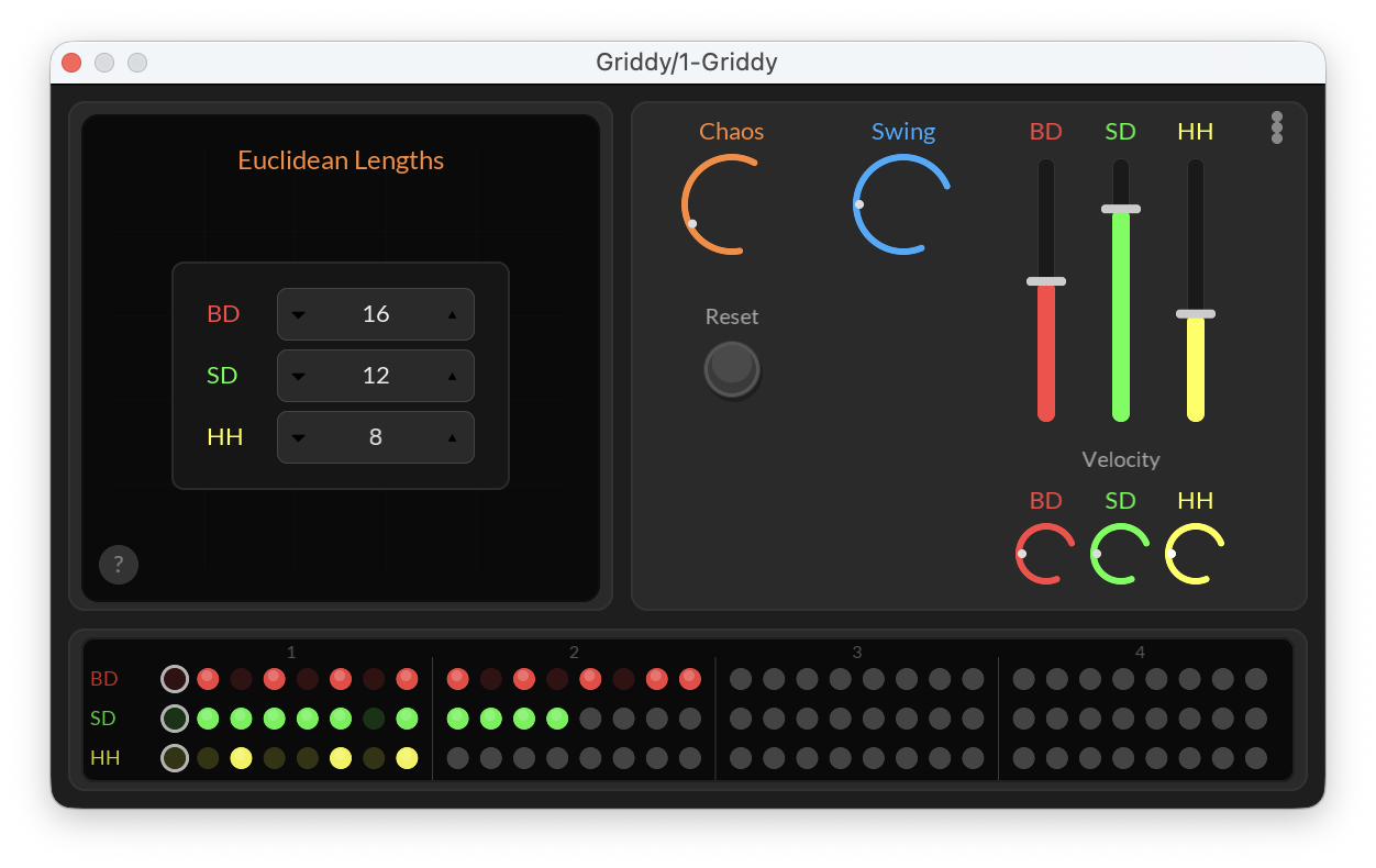 Griddy Euclidean mode with polyrhythmic pattern lengths